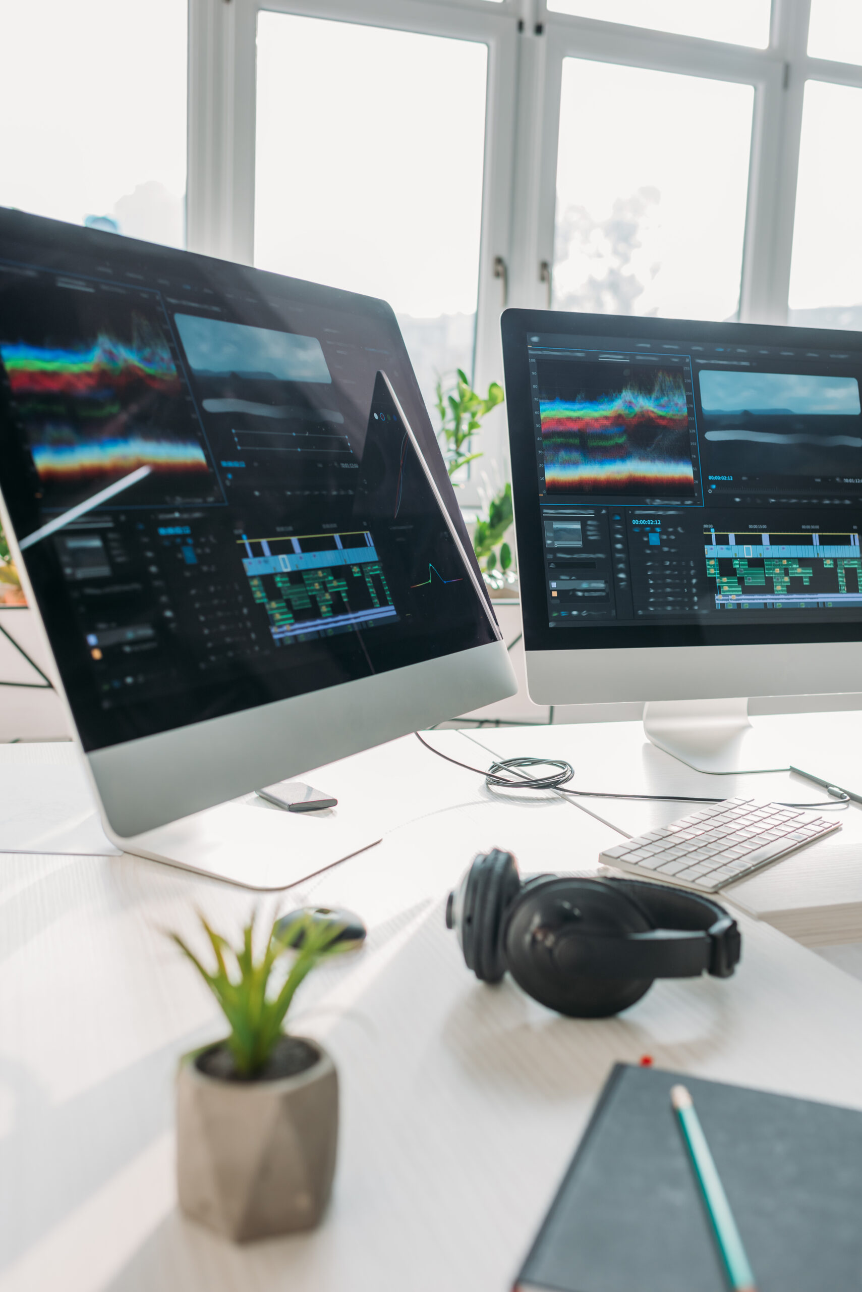 selective focus of computer monitors near headphones and plant on table